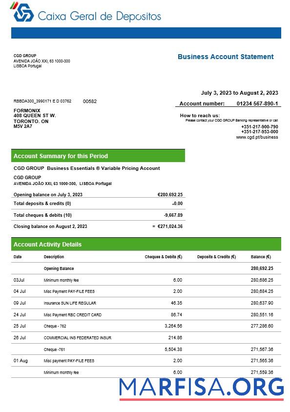 Printable Caixa Geral de Depósitos business bank statement Word and PDF template